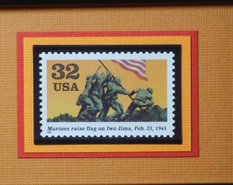 Marines Raise Flag on Iwo Jima - Vintage Framed Stamp - No. 2981a
