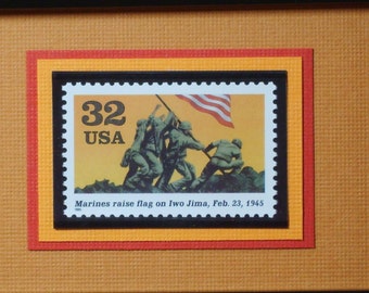 Marines Raise Flag on Iwo Jima - Vintage Framed Stamp - No. 2981