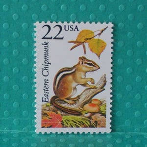 May include: A postage stamp featuring an Eastern Chipmunk, with a value of 22 cents. The stamp depicts the chipmunk on a branch with leaves and mushrooms. The background is white with a green and orange color palette.