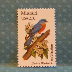 May include: A vintage postage stamp from Missouri, USA, featuring an Eastern Bluebird perched on a branch with white flowers. The stamp has a 20c value and includes the text "Eastern Bluebird & Red Hawthorn."