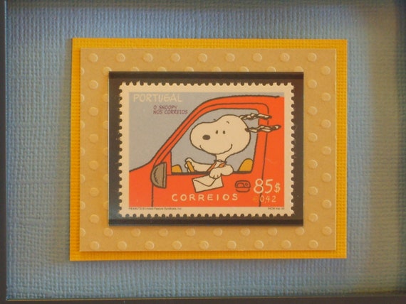 ポルトガルからのスヌーピーの額入りヴィンテージ切手 - 郵便配達
