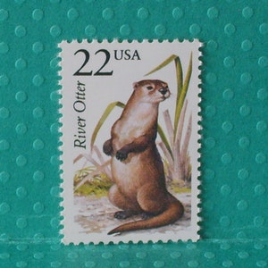 May include: A 22 cent USA postage stamp featuring a brown river otter standing on its hind legs in a marsh setting. The stamp has the text "River Otter" and "USA" printed on it.