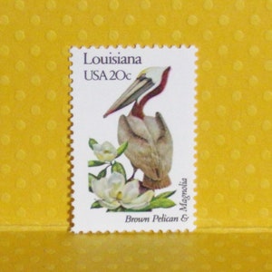 May include: A postage stamp from Louisiana, USA, featuring a Brown Pelican and Magnolia flowers. The stamp has a white border and the text "Louisiana USA 20c". The pelican is brown and white with a red beak.