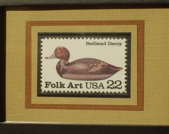 American Folk Art:  The Redhead Decoy Vintage Framed Stamp - No. 2141