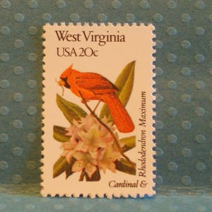 May include: A postage stamp from West Virginia featuring a vibrant orange cardinal bird perched on a branch with green leaves and white and pink flowers. The stamp reads "West Virginia USA 20c" and "Cardinal & Rhododendron Maximum."