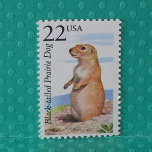 May include: A postage stamp featuring a black-tailed prairie dog standing upright. The stamp has a value of 22 cents and the text "USA". The prairie dog is depicted in shades of brown and tan against a backdrop of a blue sky and rocky terrain.