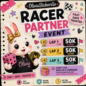 Op de afbeelding: Een digitale afbeelding voor het OliviaStickersGo Racer Partner Event met een wit cartoonkonijn in een zwarte hoodie met een gouden strik, die een roze dobbelsteen en kaarten vasthoudt. Het toont drie rondes met 50K scores, trofeeën en instructies.