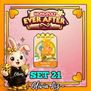 以下が含まれることがあります： モノポリーエバーアフターのゲームカードセット。サイコロとカードを持った漫画のウサギが特徴です。「Hungry for Porridge!」と「SET 21」と書かれたカード。デザインには金のアクセントとピンクの背景が含まれています。
