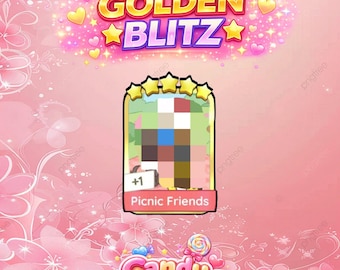 以下が含まれることがあります： 「GOLDEN BLITZ」と「Candy Monopoly」の文字が入ったピンク色のグラフィック。中央には「Picnic Friends」の文字が入ったカードがあります。背景はピンク色で、花柄とハートのデザインが施されています。