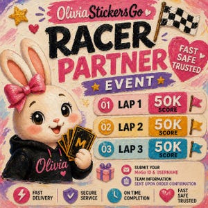 Op de afbeelding: Een digitale illustratie van een cartoonkonijn in een zwarte hoodie met een roze strik, die kaarten vasthoudt. De tekst luidt Olivia Stickers Go RACER PARTNER EVENT, Lap 1, 2, 3 met 50K scoremarkeringen en instructies voor ID-inzending.