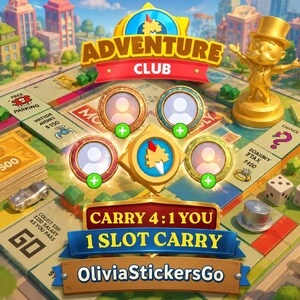 Op de afbeelding: Een digitale spelinterface genaamd Adventure Club met een gouden Monopoly-mascotte, een spelbordachtergrond, vier cirkelvormige spelersvakken met groene plus-iconen en de tekst CARRY 4:1 YOU 1 SLOT CARRY en OliviaStickersGo.