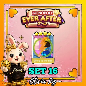 以下が含まれることがあります： サイコロとカードを持った漫画のウサギが特徴の、モノポリーエバーアフターゲームセット。ゲームカードには、お姫様と稲妻が描かれています。「Going to the Ball」、「Set 16」、および「Olivia Liz」というテキストが含まれています。背景はピンクとゴールドです。