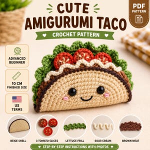 Cute Taco Amigurumi Crochet Pattern PDF, Smiley Food Plush Tutorial, Beginner Friendly