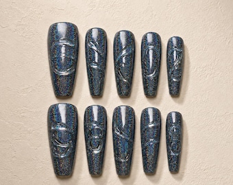 Blau Schwarz Glitter Sarg Drücken Sie auf die Nägel, Handgemachte 3D Sculpted Punk Nägel, Dunkles holographisches Gel-Nagel-Set