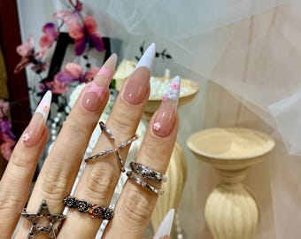 French Tip Press On Nails | Pink Stiletto Nails | 3D Flower Floral Set | Coquette Ballet Sakura Nails | Bridal Gift for Her