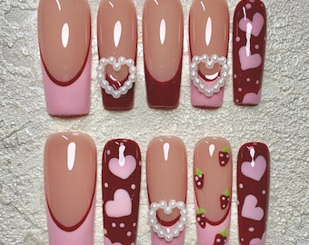 Handmade Heart French Tip Press On Nails | Mothers Day Gift | Strawberry Nails | Pearl 3D Heart | Pink Long Square Nails | Cute Romantic Set