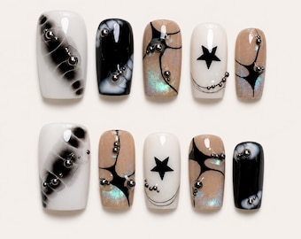 Gothic Y2K Black Star Press On Square Nails | Rhinestone Charm Nail Set