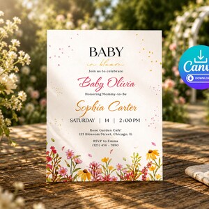 以下が含まれることがあります： ベビーシャワーの招待状。花柄のデザインで、「Baby in Bloom」の文字とイベントの詳細（「Baby Olivia」と「Sophia Carter」の名前、日付、時間、場所など）が記載されています。Canvaのダウンロードボタンも表示されています。
