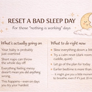 Könnte beinhalten: Beige-cremefarbene Infografik mit dem Titel „RESET A BAD SLEEP DAY“. Sie bietet Eltern Ratschläge, wie sie mit den schwierigen Tagen ihres Babys umgehen können, einschließlich Tipps zur Beruhigung des Babys und zur Selbstpflege.