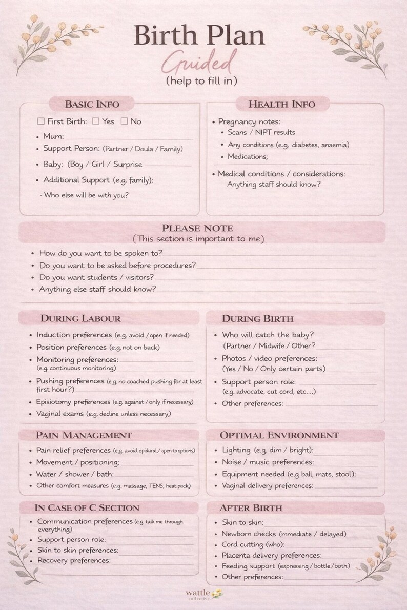 Editable Birth Plan Bundle (australia) | Guided, Blank, Example - Bonus ...