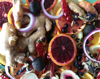 organic ~blue flame~ fire cider diy kit packed with awesome blues and purples (elderberry, goji, acai, black garlic, black turmeric, etc)