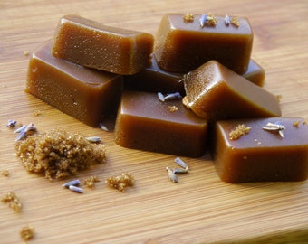 1 dozen large vegan organic lavender brown sugar caramels in eco-friendly sustainable gift packaging