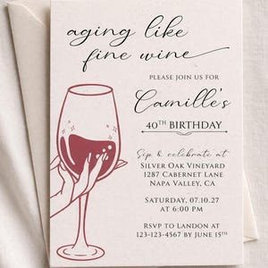 May include: Off-white invitation card with the text "aging like fine wine" and details for Camille's 40th birthday. A wine glass with red wine is illustrated. Includes date, time, and RSVP information.