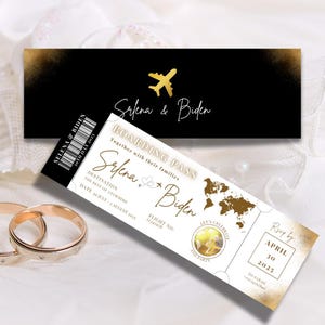 May include: A black and gold wedding invitation designed to resemble a boarding pass. The invitation features the names "Selena & Biden", a gold airplane graphic, and the text "BOARDING PASS". Includes a world map graphic and a RSVP date.