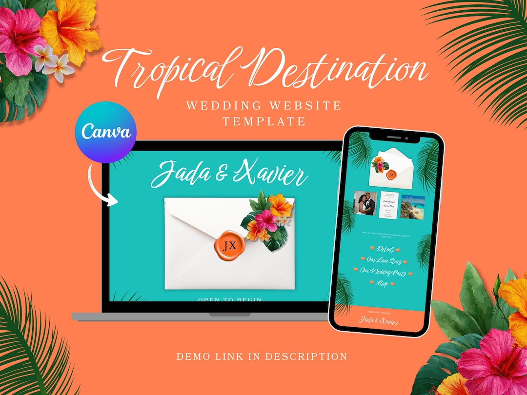 Tropical Website Example Tropical Destination Wedding Website Template: Beach, Summer, Flowers ...