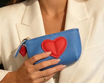 Top-Grain Cowhide Heart Coin Purse,Mini Zipper Leather Pouch with Keychain,Cute Love Heart Small Wallet,Portable Lipstick Key Storage Bag