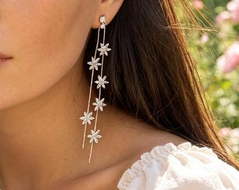 Long Flower Tassel Earrings, 925 Sterling Silver Drop,Crystal Floral Dangle Earrings, Bridal Wedding Earrings, Sparkly Statement Earrings