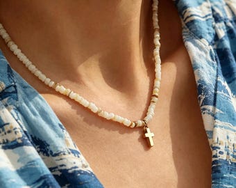 Bohemian Beaded Necklace, Classic Cross Pendant Fade Resistant Design,  Beach Surf Layering Jewelry, Perfect For Holiday Gifting,Calm Vibes