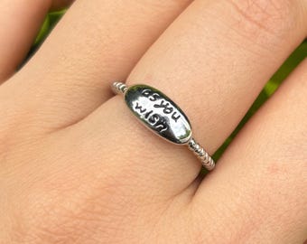 Minimalist Engraved "As You Wish" Oval Open Ring•Vintage SilverRing •  Minimalist Design Lucky Bead • Adjustable Open Statement Ring