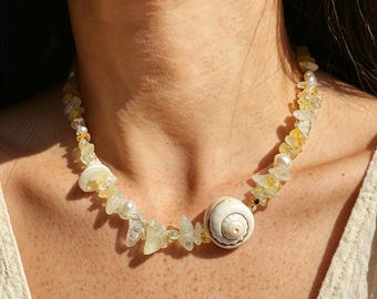 Citrine & Freshwater Pearl Necklace, Lucky Conch Beaded Clavicle Chain, Boho Coastal Healing Jewelry, Positive Energy Protection Amulet