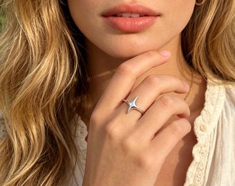 Silver Four Pointed Star Adjustable Ring • Dainty North Star Stackable Ring• Adjustable Minimalist Star Jewelry  • Stackable Jewelry