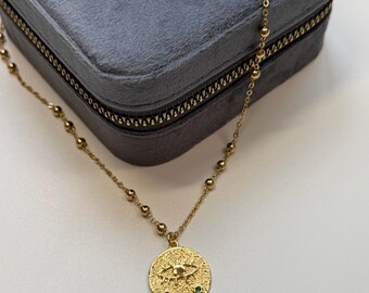Minimalist Evil Eye Charm Necklace, Brass Plated Round Disc Bean Chain, Layering Lucky Protection Jewelry,Protect Energy Jewelry