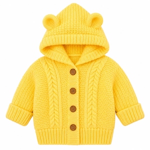May include: A bright yellow knit hooded cardigan featuring a textured cable knit pattern on the front panels, long sleeves with ribbed cuffs, a ribbed hem, and four brown buttons down the centre. The hood includes two small rounded ears.