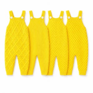 May include: Four bright yellow knit rompers arranged side by side. Each romper features two shoulder straps with white buttons. The textures vary from left to right: diamond pattern, vertical ribbing, chevron pattern, and a raised bobble stitch.