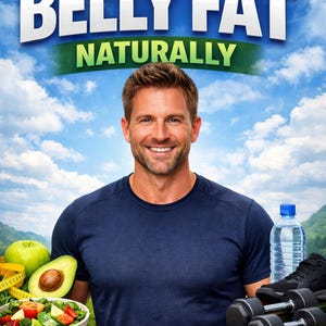 Könnte beinhalten: Bild zur Förderung der Gewichtsabnahme mit dem Text "HOW TO LOSE BELLY FAT NATURALLY". Ein Mann lächelt in einem blauen Hemd, mit gesunden Lebensmitteln, Wasser, Hanteln und Laufschuhen. Die Wörter "BURN FAT" und "GET FIT" sind ebenfalls sichtbar.