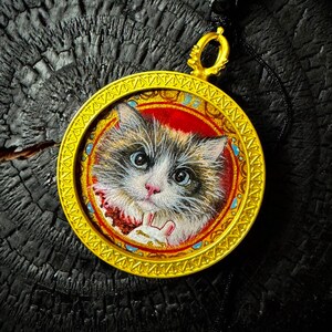 May include: A gold-colored pendant featuring a detailed portrait of a fluffy cat with blue eyes. The cat is set against a red background within a decorative frame. The pendant hangs from a black cord.