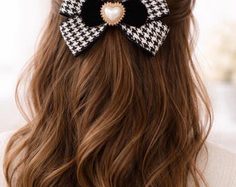 Black White Tweed Hair Bow, Pearl Heart Clip, Coquette Accessory