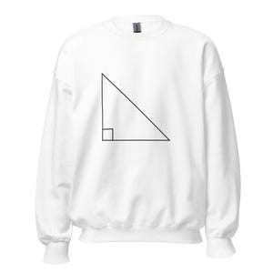 Puede incluir: Sudadera blanca con un diseño de triángulo rectángulo negro. La sudadera tiene cuello redondo y mangas largas. El diseño es simple y minimalista, adecuado para ropa casual.