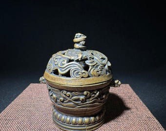 Vintage Brass Dragon Incense Burner | Chinese Carved Censer with Lid