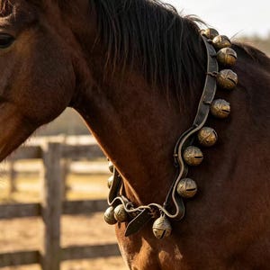 May include: A dark brown leather horse collar featuring a series of round, etched brass bells attached along the strap. The collar is secured around the neck of a brown horse, with the metal bells displaying intricate, engraved patterns.