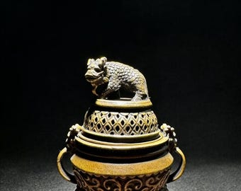 Antique Brass Lion Incense Burner | Chinese Foo Dog Censer | Vintage Aromatherapy Burner