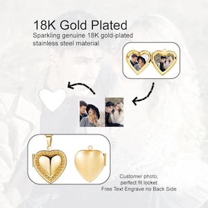 Puede incluir: Un relicario en forma de corazón chapado en oro con una foto en su interior. El relicario se muestra abierto y cerrado, con el texto "18K Gold Plated" y "Sparkling genuine 18K gold-plated stainless steel material".