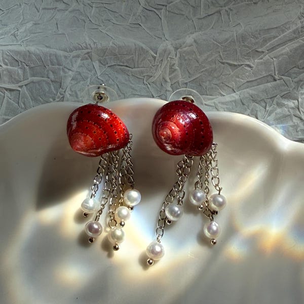 Red Strawberry Top Shell Earrings, Pearl Tassel Dangles, 925 Sterling Silver Mermaidcore Jewelry