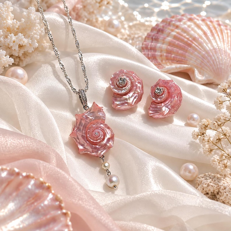 Puede incluir: Un conjunto de joyer&iacute;a que incluye un collar de cadena plateada con un colgante de concha marina rosa iridiscente y dos perlas blancas colgantes, acompa&ntilde;ado de pendientes de bot&oacute;n a juego en forma de concha rosa con una peque&ntilde;a piedra clara.