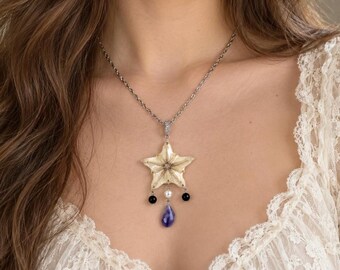 Whimsigoth Starfish Necklace, Coastal Gothic Statement Jewelry, Natural Shell Pendant with Black Obsidian & Pearls, Unique Gift for Her