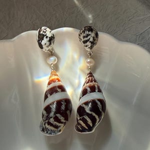 Pendientes de concha con rayas de cebra y perlas / Joyería llamativa de plata de ley 925 con estilo costero